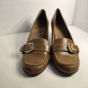 Aerology Women Brown Leather Buckle Loafer‎ Heel Shoes Womens Size 9